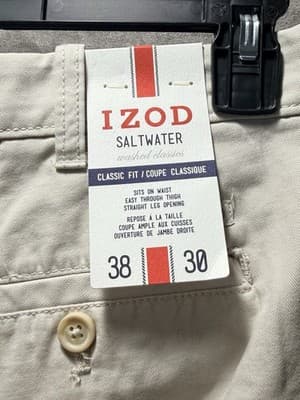NWT IZOD Saltwater Chino Pants Stone Khaki Flat Front Relaxed Fit 38x30 MSRP $58 - Thumbnail 7