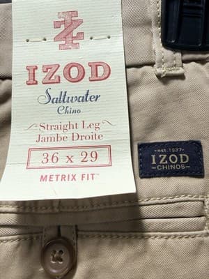NWT IZOD Saltwater Chino Pants Khaki Straight Leg Metrix Fit 36x29 MSRP $58 - Thumbnail 6