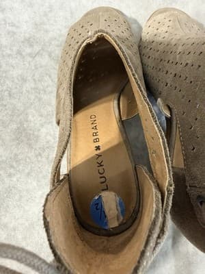 Lucky Brand Leather Womens Chunky Block Heels Sz 7.5 Taupe Beige Peep Toe Shoes - Thumbnail 7