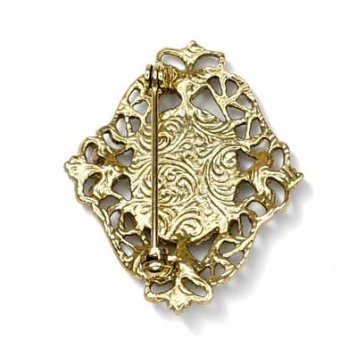 Vintage Gold Tone Needlepoint Cameo Brooch Pink Rhinestones ￼ - Thumbnail 2