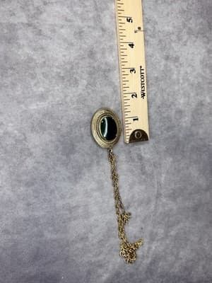 Locket Picture Pendant Necklace Faux Jade Stone 18” Length Gold Tone Reversible - Thumbnail 6