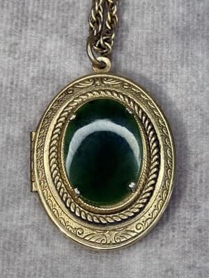 Locket Picture Pendant Necklace Faux Jade Stone 18” Length Gold Tone Reversible - Thumbnail 2