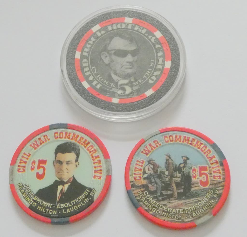 $5 Civil War Flamingo Hilton casino chip (2) and Hard Rock (1)