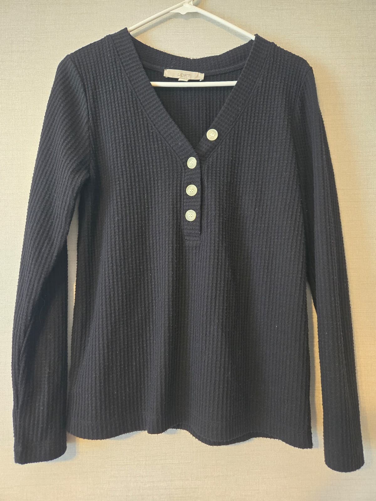 LOFT Black Waffle Knit Long Sleeve Top with Button Detail Size M. Item #1010 - Thumbnail 2