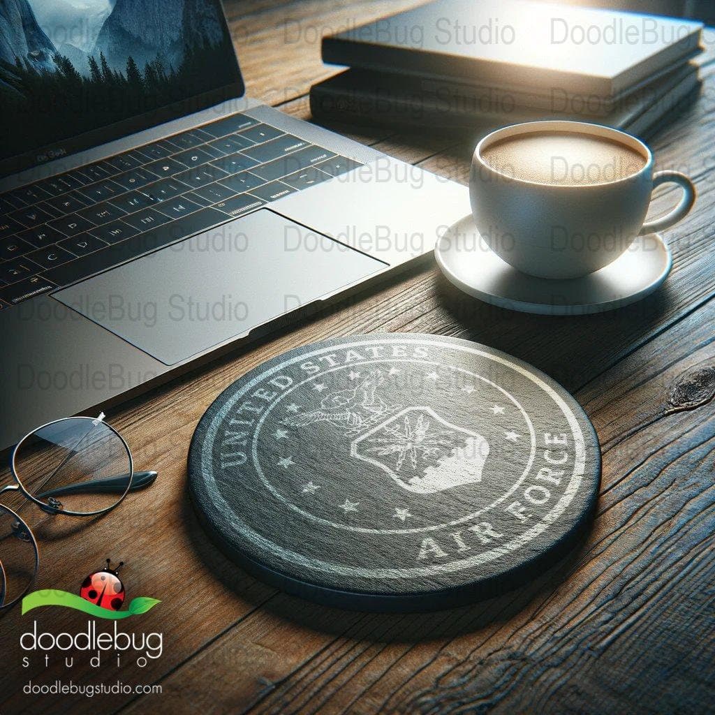 Unique Air Force Emblem Slate Coaster, Patriotic Drinkware Accessory, Military Gift, Stone Coaster, Valentine's Gift, Home Bar Decor - Thumbnail 3