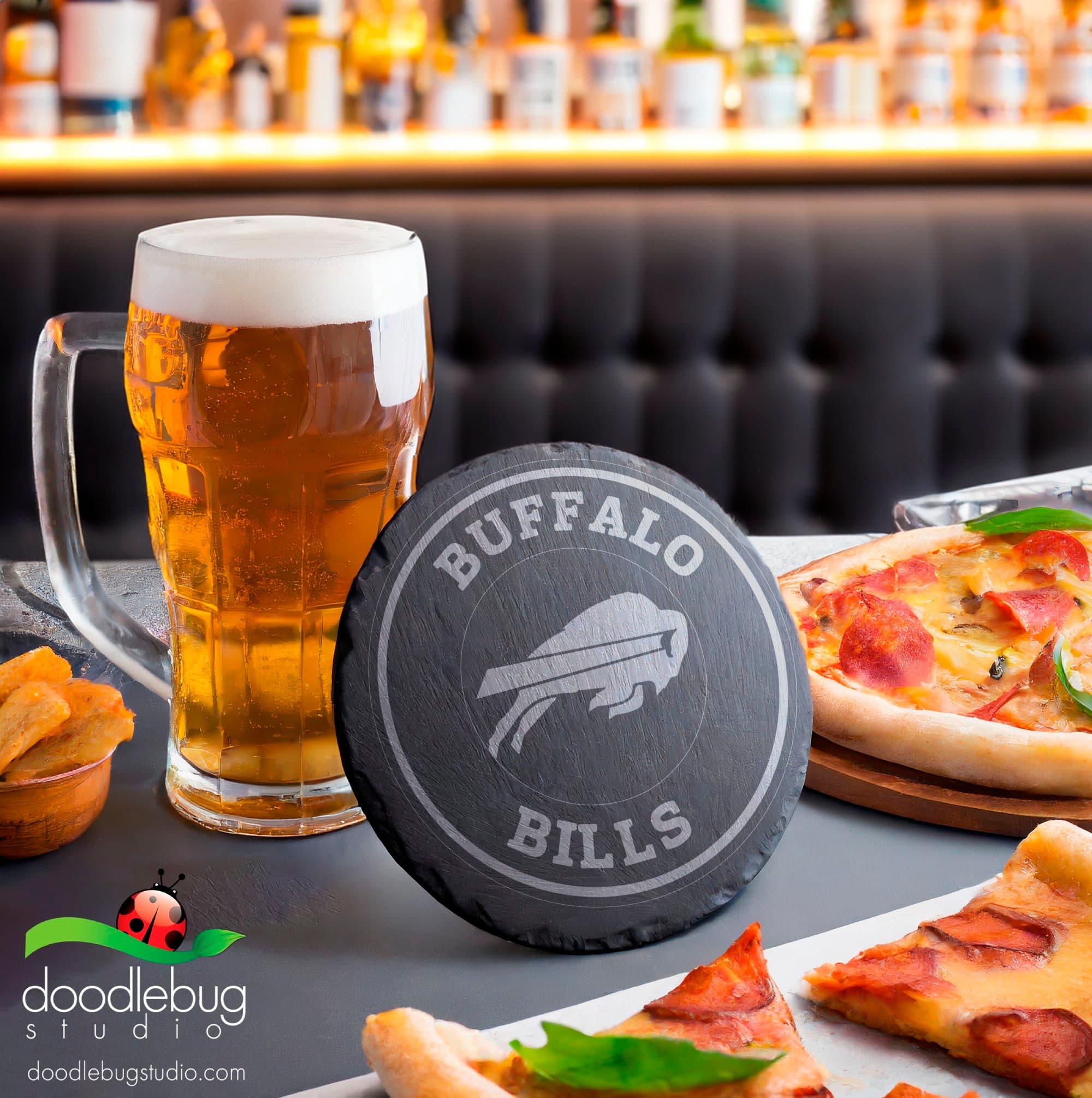 Laser Engraved Buffalo Football Slate Coaster, Rustic Bar Decor - Thumbnail 3