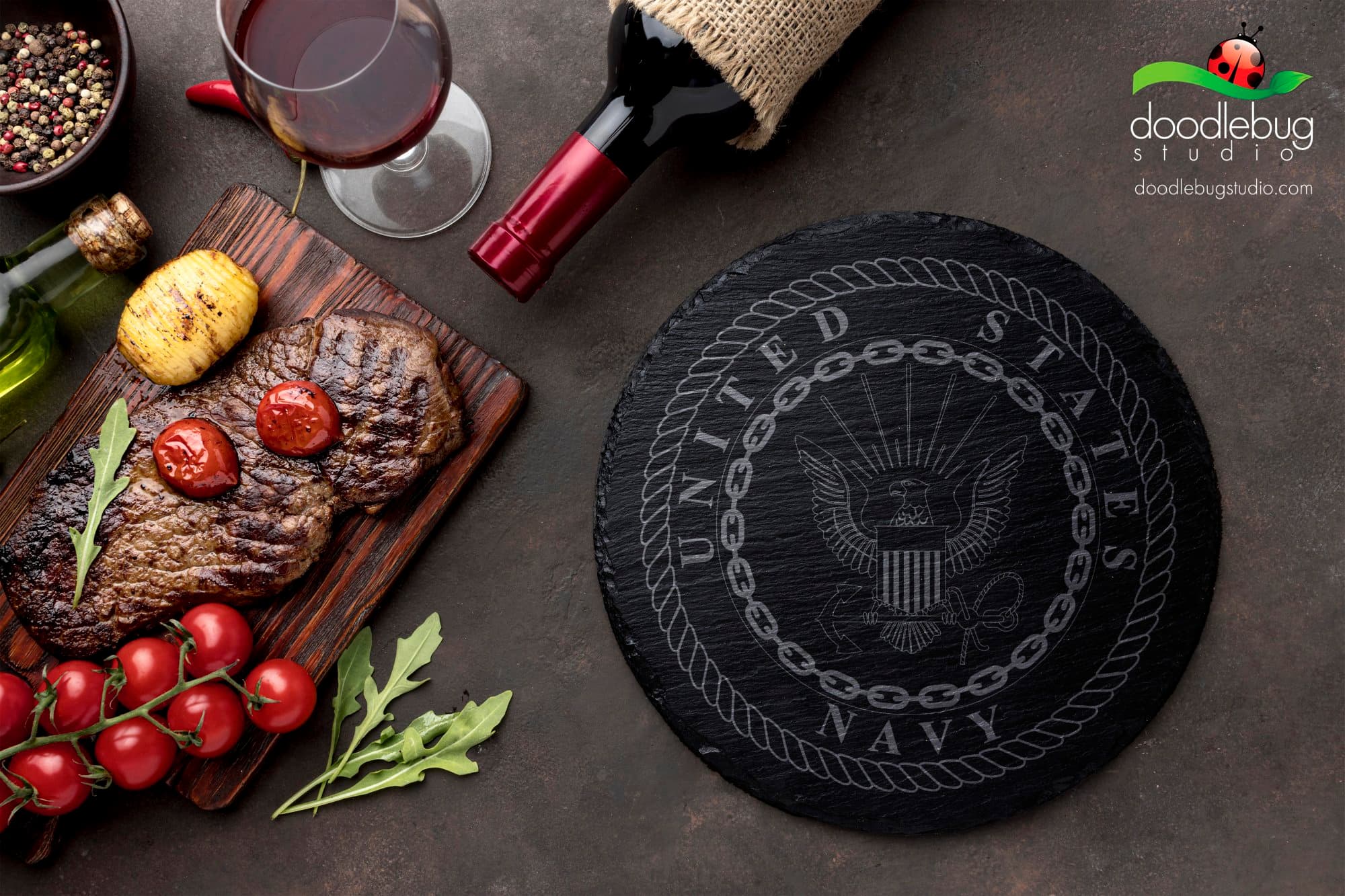 Engraved Slate Navy Emblem Coaster, Patriotic Bar Decor - Thumbnail 2