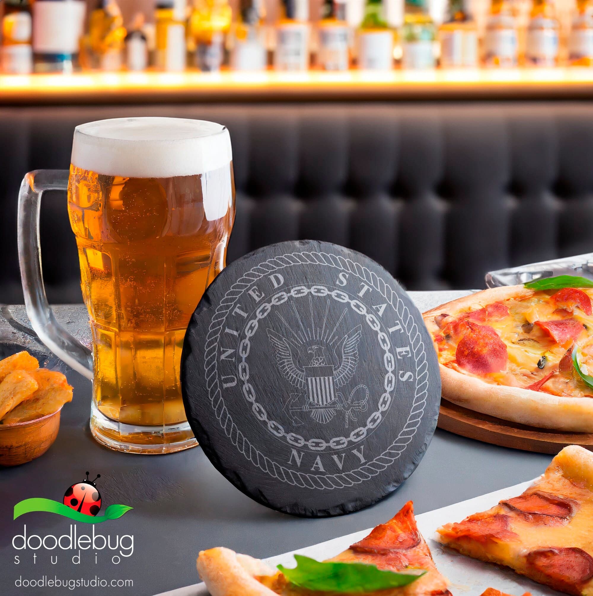 Engraved Slate Navy Emblem Coaster, Patriotic Bar Decor - Thumbnail 4
