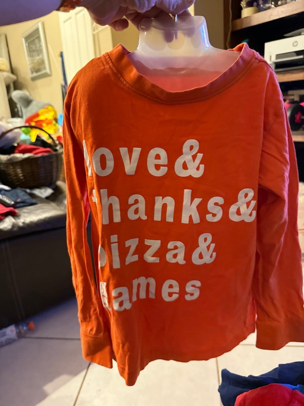 Basic Editions Orange Long Sleeve Tee 'Love Thanks Pizza Games' Kids XS (4/5)