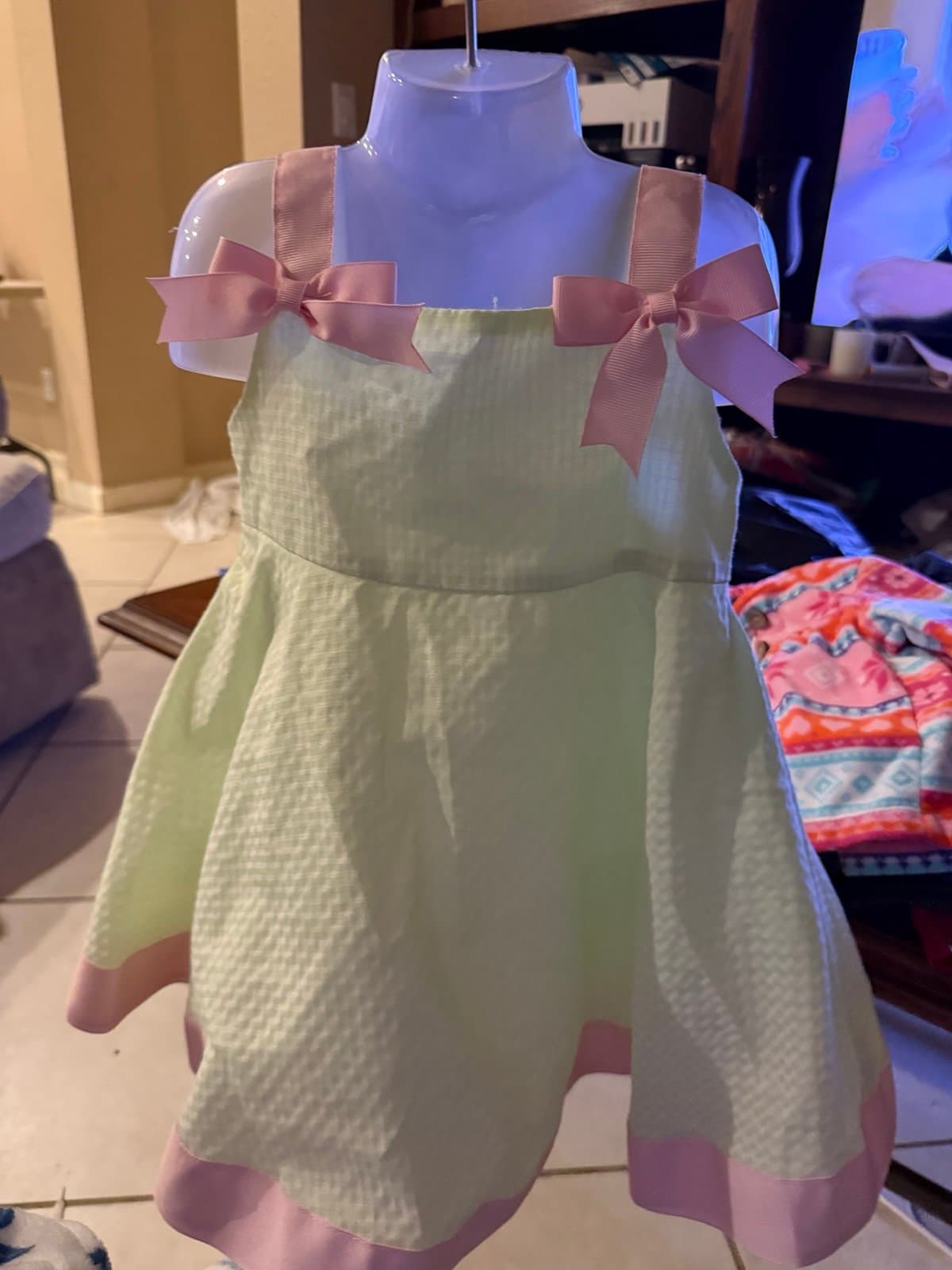Bonnie Baby Light Green Seersucker Dress Pink Bows 18M