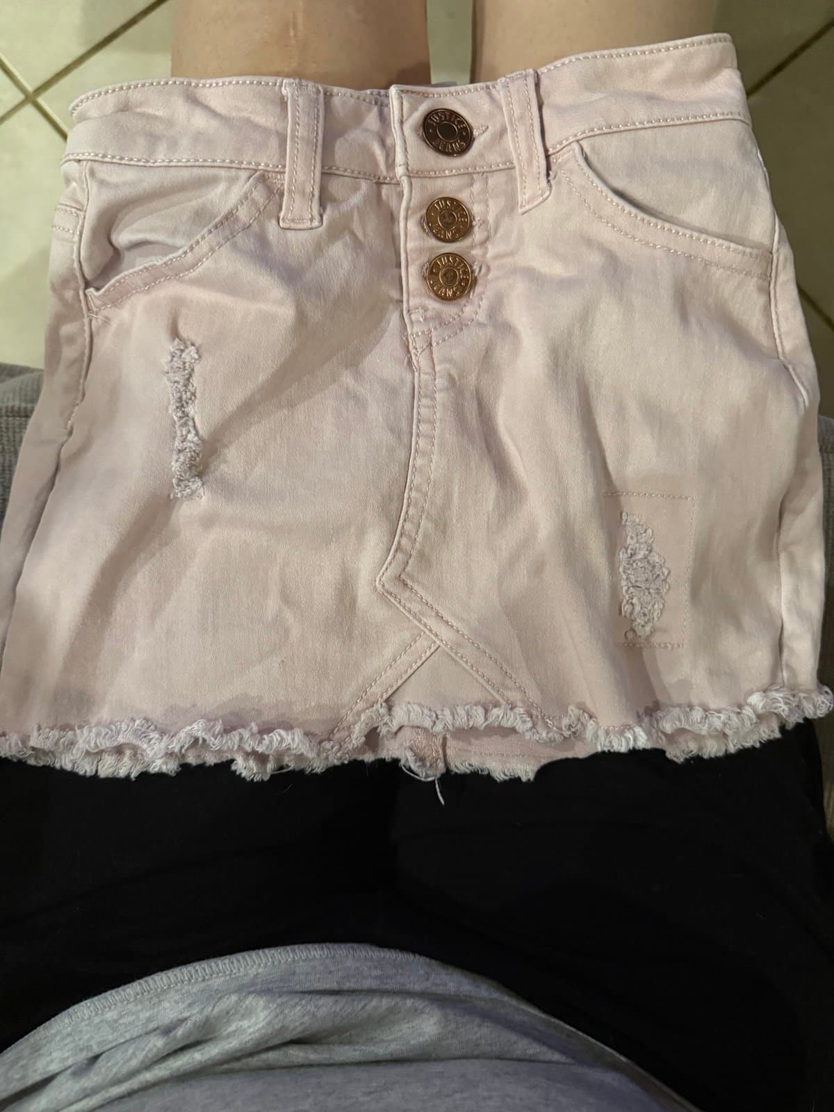 Justice pink distressed frayed hem denim mini skirt size 6