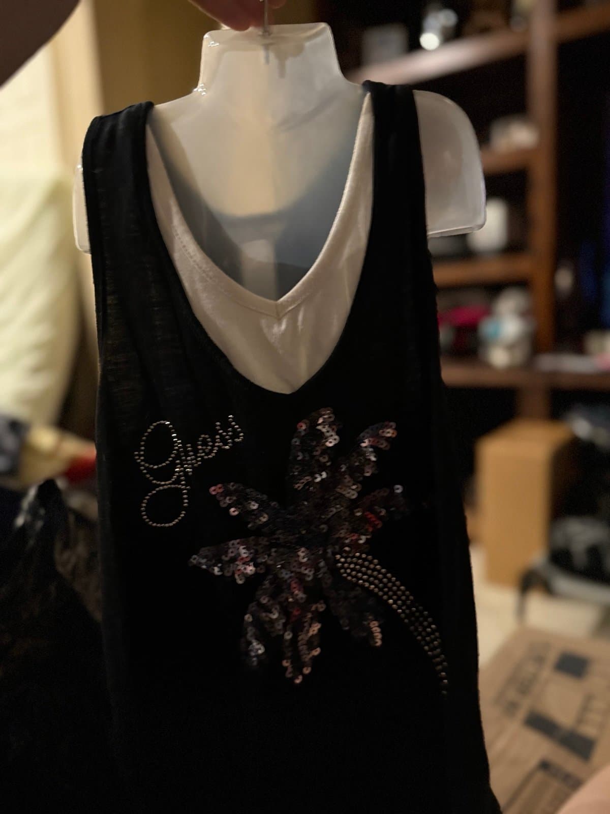Guess Black Tank Top Sequin Palm Tree