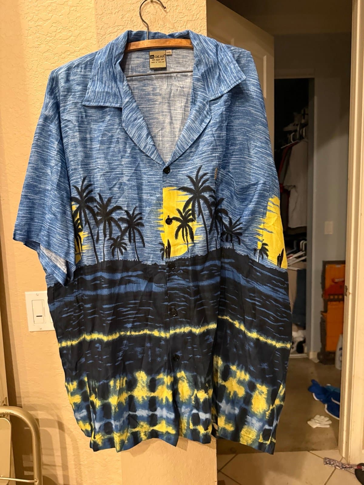 IN GEAR Hawaiian Shirt XXL Palm Trees Blue Yellow