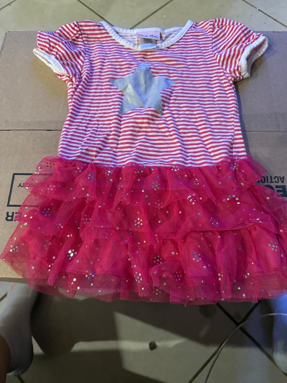 Little Lass Girls Striped Glitter Star Tulle Dress Size 6