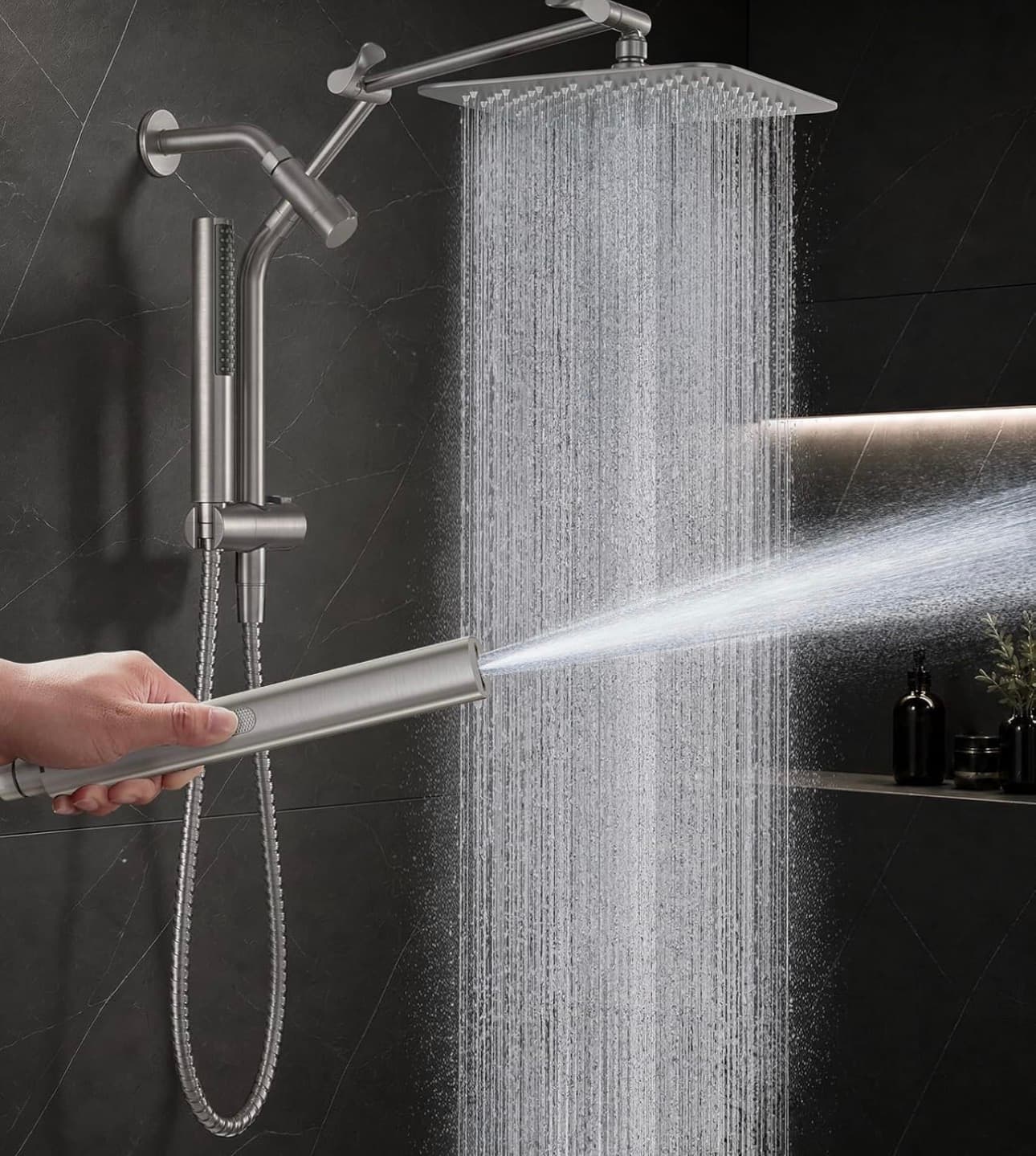 Veken All Metal 10" Shower Head with Handheld, Luxurious Square Double Rain Shower Heads,Power Wash Wand,Dual High Pressure Detachable Rainfall Showerhead with Spray Combo,Extension Arm,Chrome,Sliver Amazon's Choice