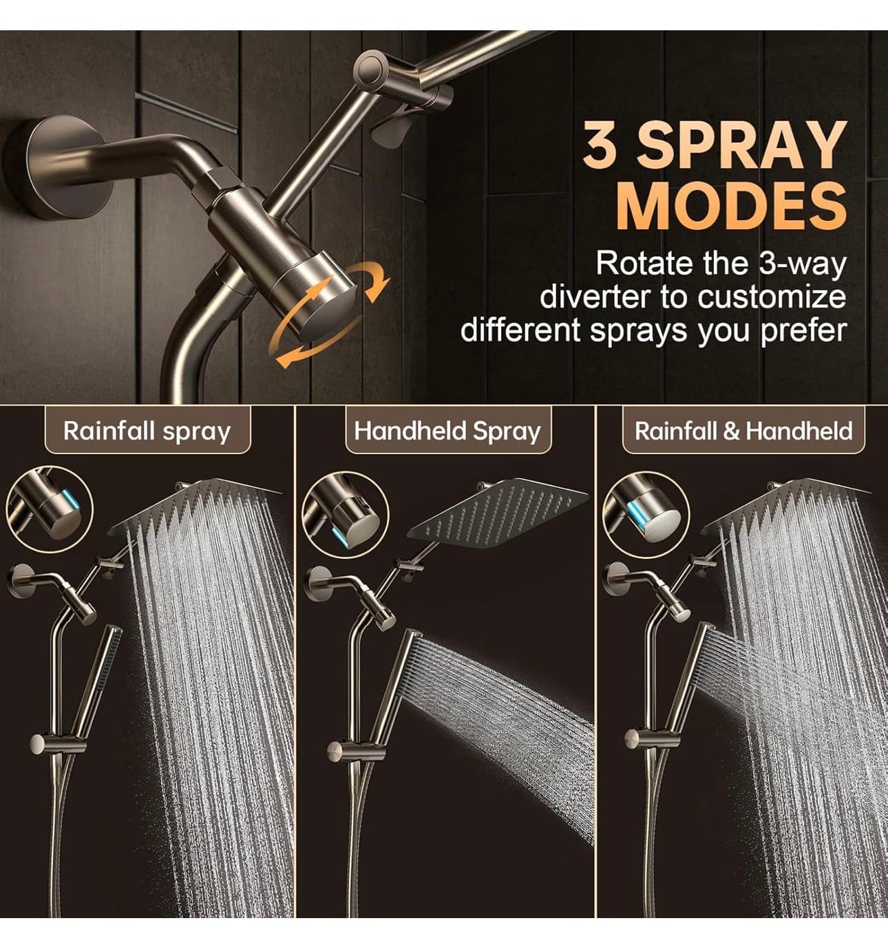 Veken All Metal 10" Shower Head with Handheld, Luxurious Square Double Rain Shower Heads,Power Wash Wand,Dual High Pressure Detachable Rainfall Showerhead with Spray Combo,Extension Arm,Chrome,Sliver Amazon's Choice - Thumbnail 3