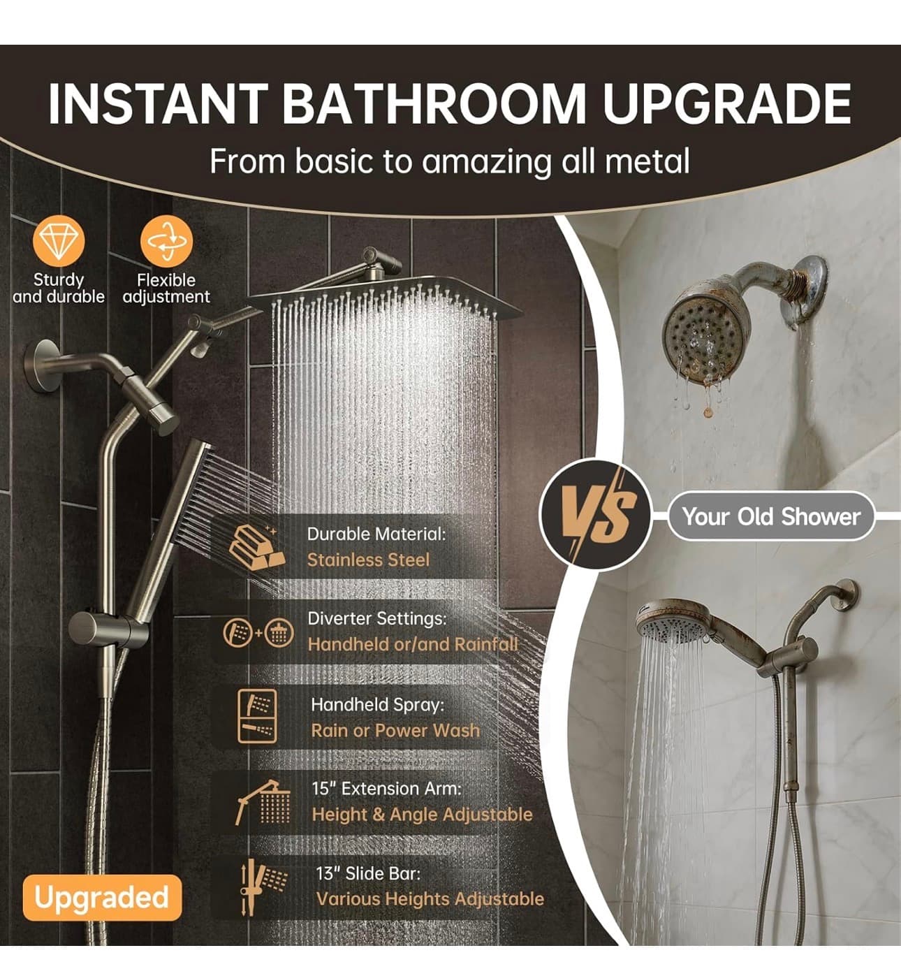 Veken All Metal 10" Shower Head with Handheld, Luxurious Square Double Rain Shower Heads,Power Wash Wand,Dual High Pressure Detachable Rainfall Showerhead with Spray Combo,Extension Arm,Chrome,Sliver Amazon's Choice - Thumbnail 5