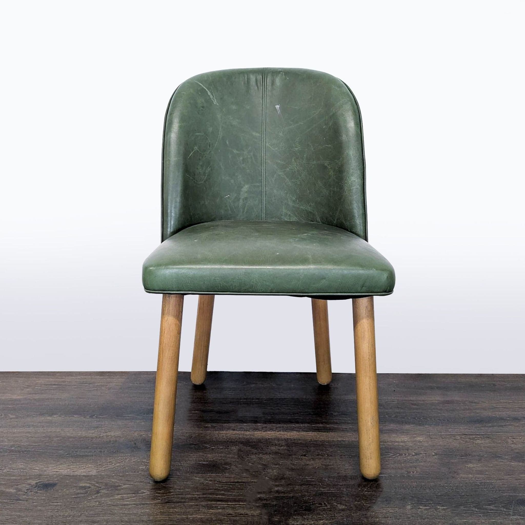 Set of Three Leather Dining Chairs on Wood Legs - Thumbnail 2
