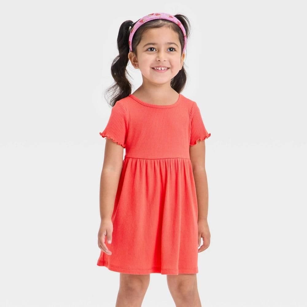 #6746 5T Toddler Girls' Short Sleeve Ribbed Dress - Cat & Jack™ Coral Orange a-Line, Crew Neck - Cat & Jack™ Coral Orange 5T: A-Line, Crew Neck