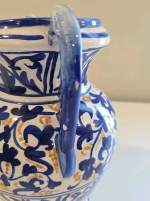 Blue and Yellow Talavera Majolica Two Handled Vase Made In Spain - Thumbnail 7