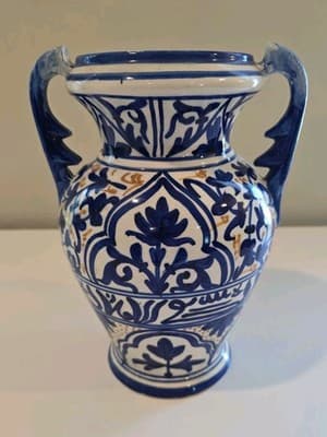 Blue and Yellow Talavera Majolica Two Handled Vase Made In Spain - Thumbnail 3