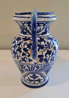 Blue and Yellow Talavera Majolica Two Handled Vase Made In Spain - Thumbnail 2
