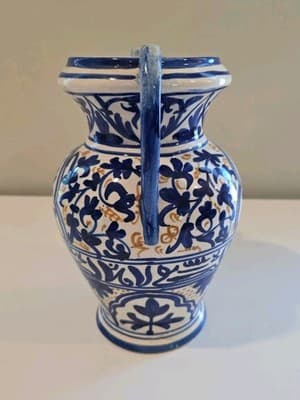 Blue and Yellow Talavera Majolica Two Handled Vase Made In Spain - Thumbnail 4