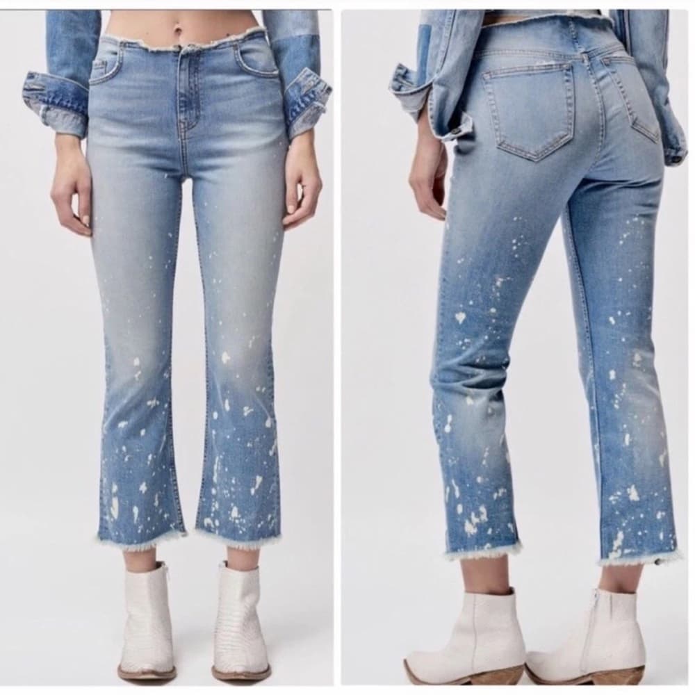 Free People Light Blue Paint-Splatter Cropped Jeans - Thumbnail 7