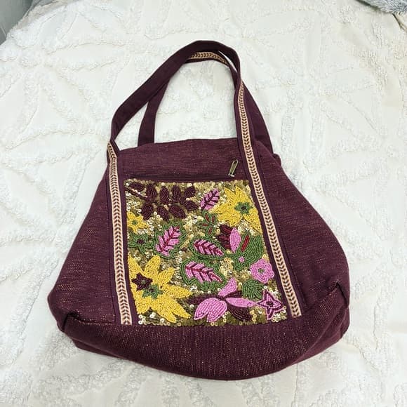Hand-Embroidered Plum Shoulder Bag with Floral Beading - Thumbnail 7