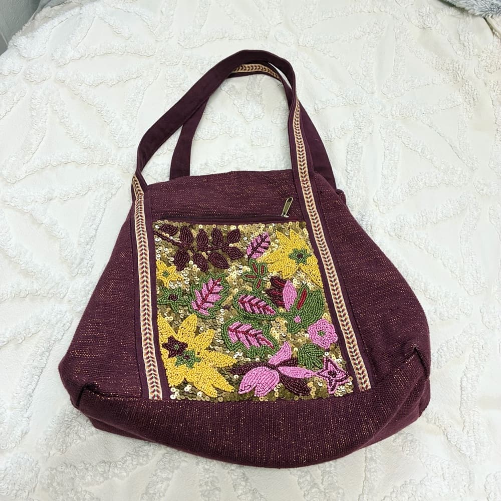 Hand-Embroidered Plum Shoulder Bag with Floral Beading - Thumbnail 6