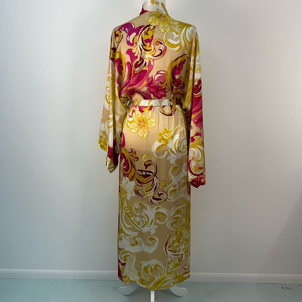 Soma Floral Satin Kimono Robe in Pink, Yellow & Cream - Thumbnail 7