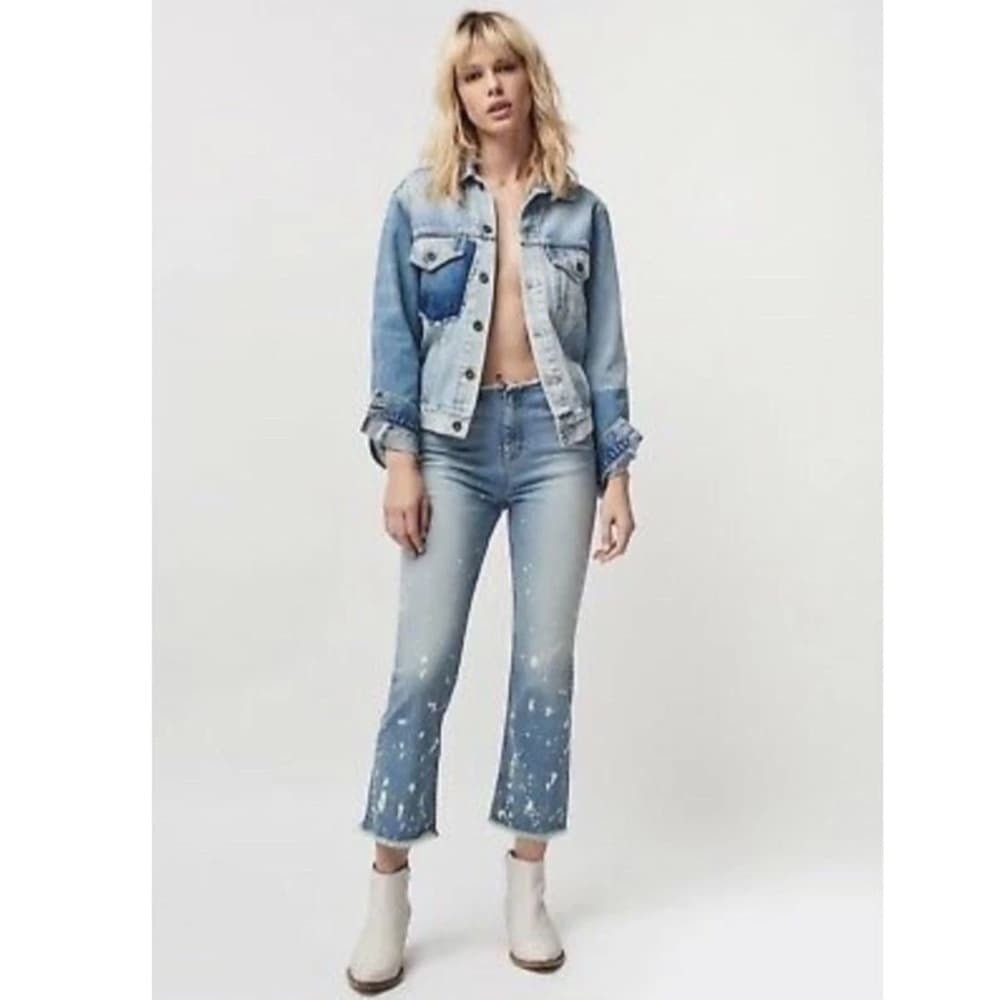 Free People Light Blue Paint-Splatter Cropped Jeans