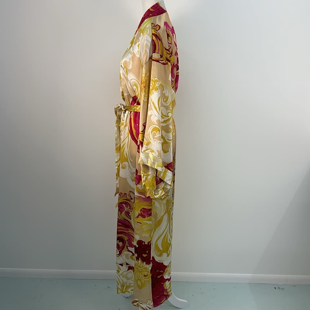 Soma Floral Satin Kimono Robe in Pink, Yellow & Cream - Thumbnail 6