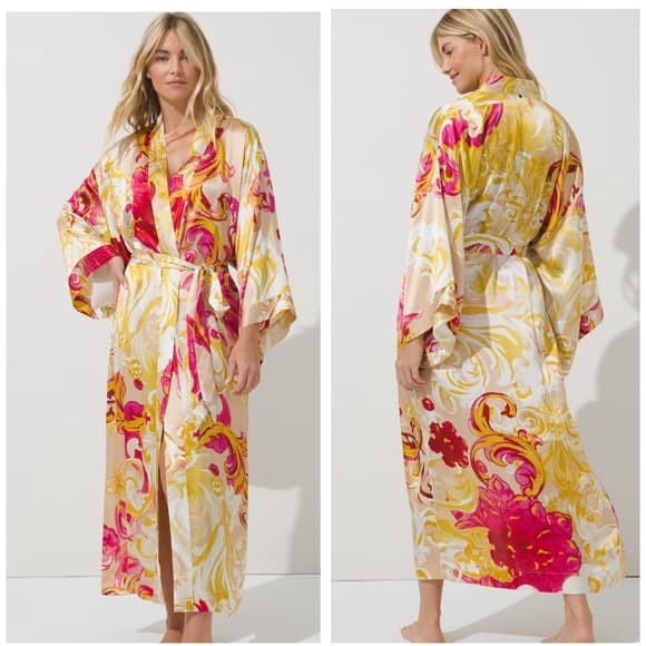 Soma Floral Satin Kimono Robe in Pink, Yellow & Cream - Thumbnail 16