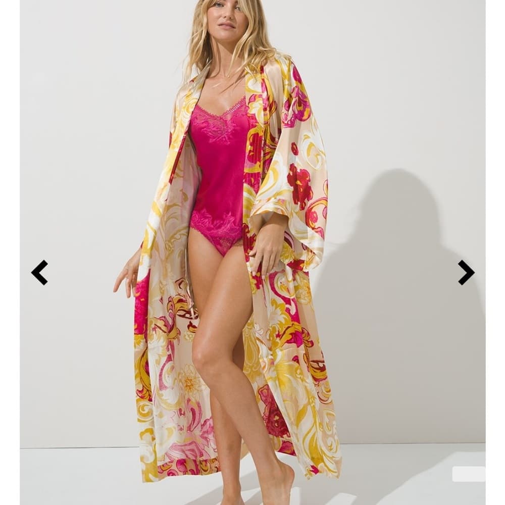 Soma Floral Satin Kimono Robe in Pink, Yellow & Cream - Thumbnail 2