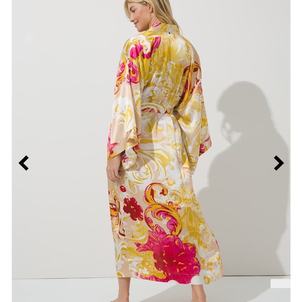 Soma Floral Satin Kimono Robe in Pink, Yellow & Cream - Thumbnail 3
