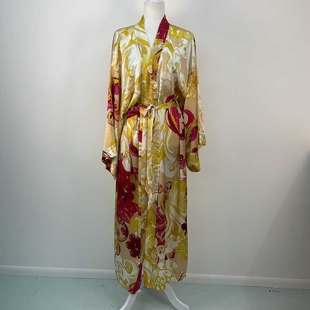 Soma Floral Satin Kimono Robe in Pink, Yellow & Cream - Thumbnail 5