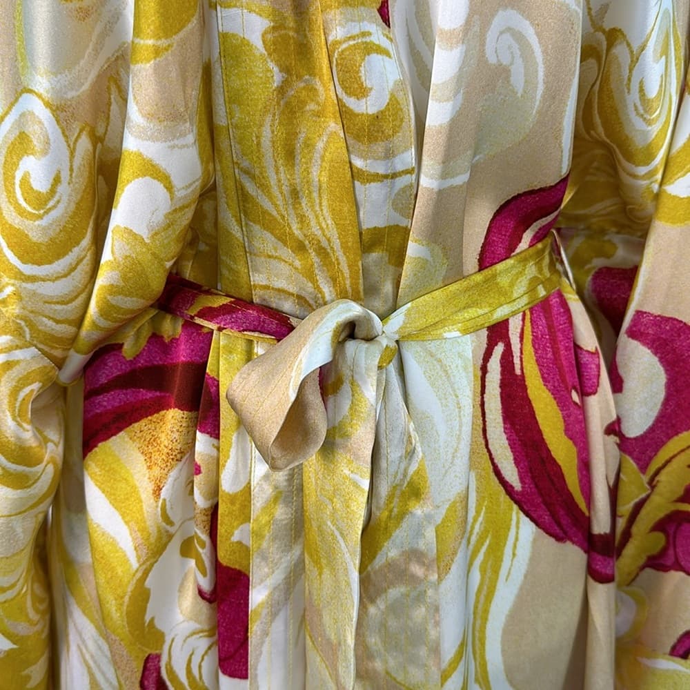 Soma Floral Satin Kimono Robe in Pink, Yellow & Cream - Thumbnail 9