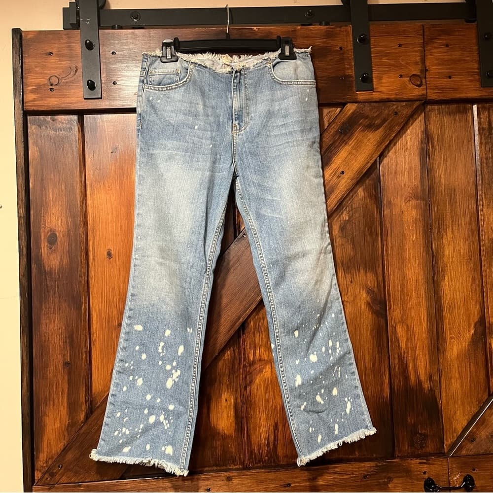Free People Light Blue Paint-Splatter Cropped Jeans - Thumbnail 3