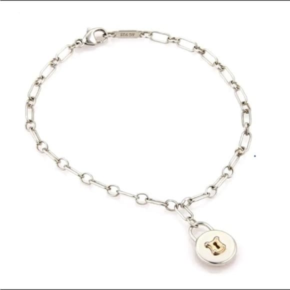 Auth Tiffany & Co Silver 18K Gold Circle Keyhole Padlock Oval Link Bracelet 7" - Thumbnail 5