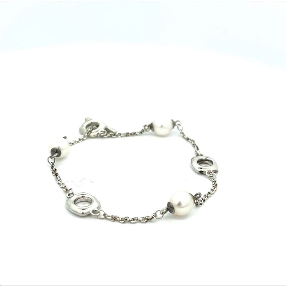 Tiffany & Co 4.5mm Akoya Pearl Cushion Chain Toggle Bracelet Sterling Silver 7" - Thumbnail 2