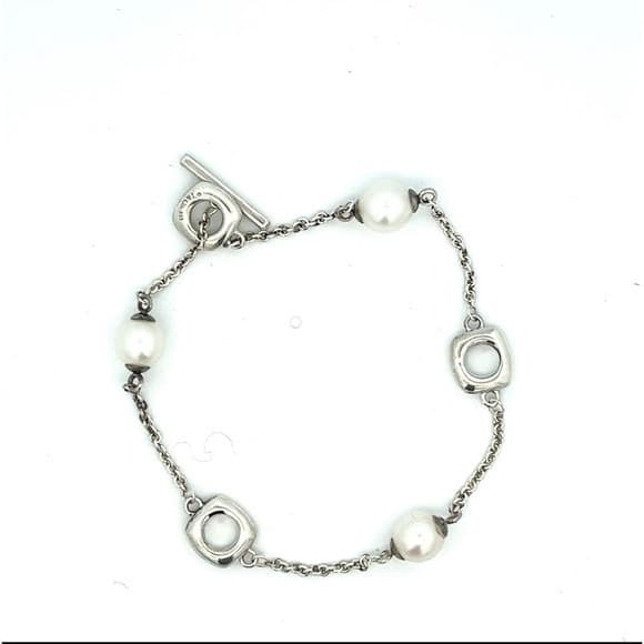 Tiffany & Co 4.5mm Akoya Pearl Cushion Chain Toggle Bracelet Sterling Silver 7" - Thumbnail 5