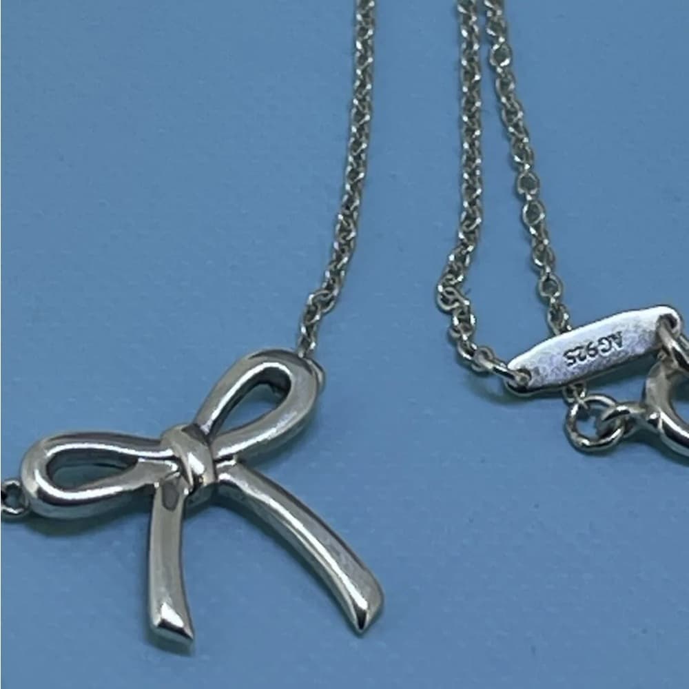 TIFFANY & Co. Bow Mini Ribbon Sterling Silver Charm Pendant Necklace 16” - Thumbnail 6