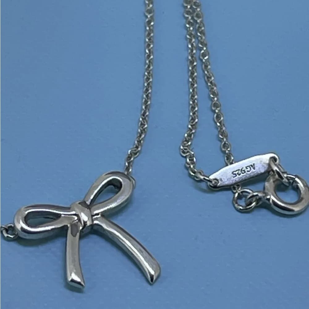TIFFANY & Co. Bow Mini Ribbon Sterling Silver Charm Pendant Necklace 16” - Thumbnail 5