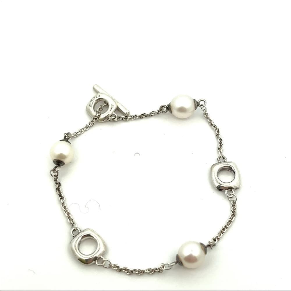Tiffany & Co 4.5mm Akoya Pearl Cushion Chain Toggle Bracelet Sterling Silver 7" - Thumbnail 3