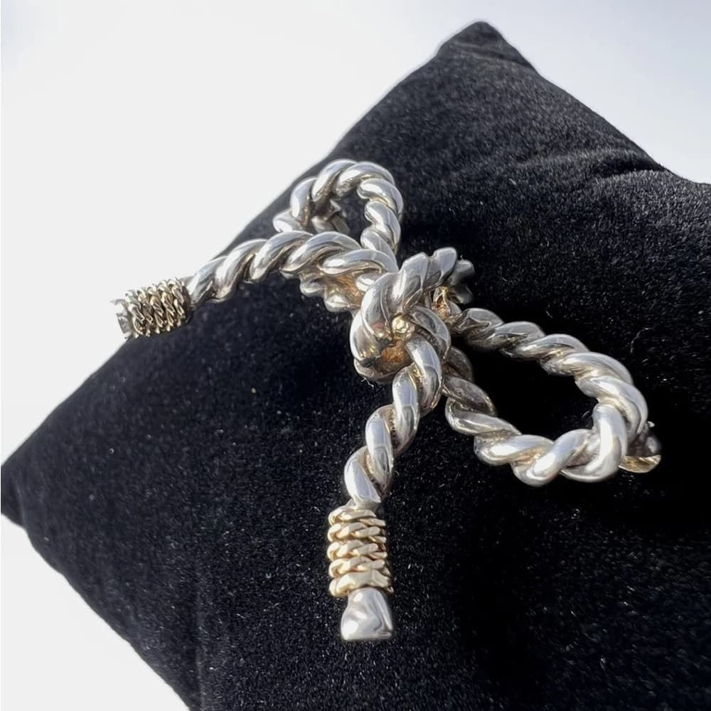 TIFFANY & CO. Sterling Silver 925 & 18K Gold Rope Ribbon Bow Brooch Pin (1772G) - Thumbnail 7