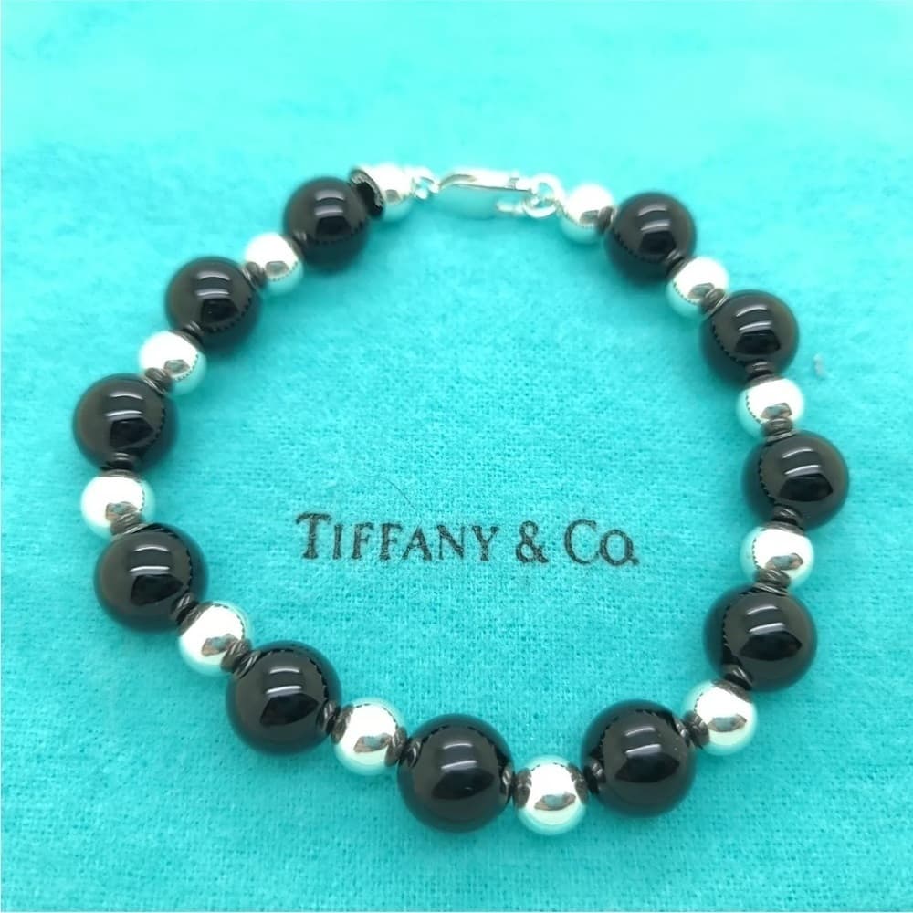 Tiffany & Co. 925 Sterling Silver & Black Onyx Beaded Ball 8" Inch Bracelet - Thumbnail 2