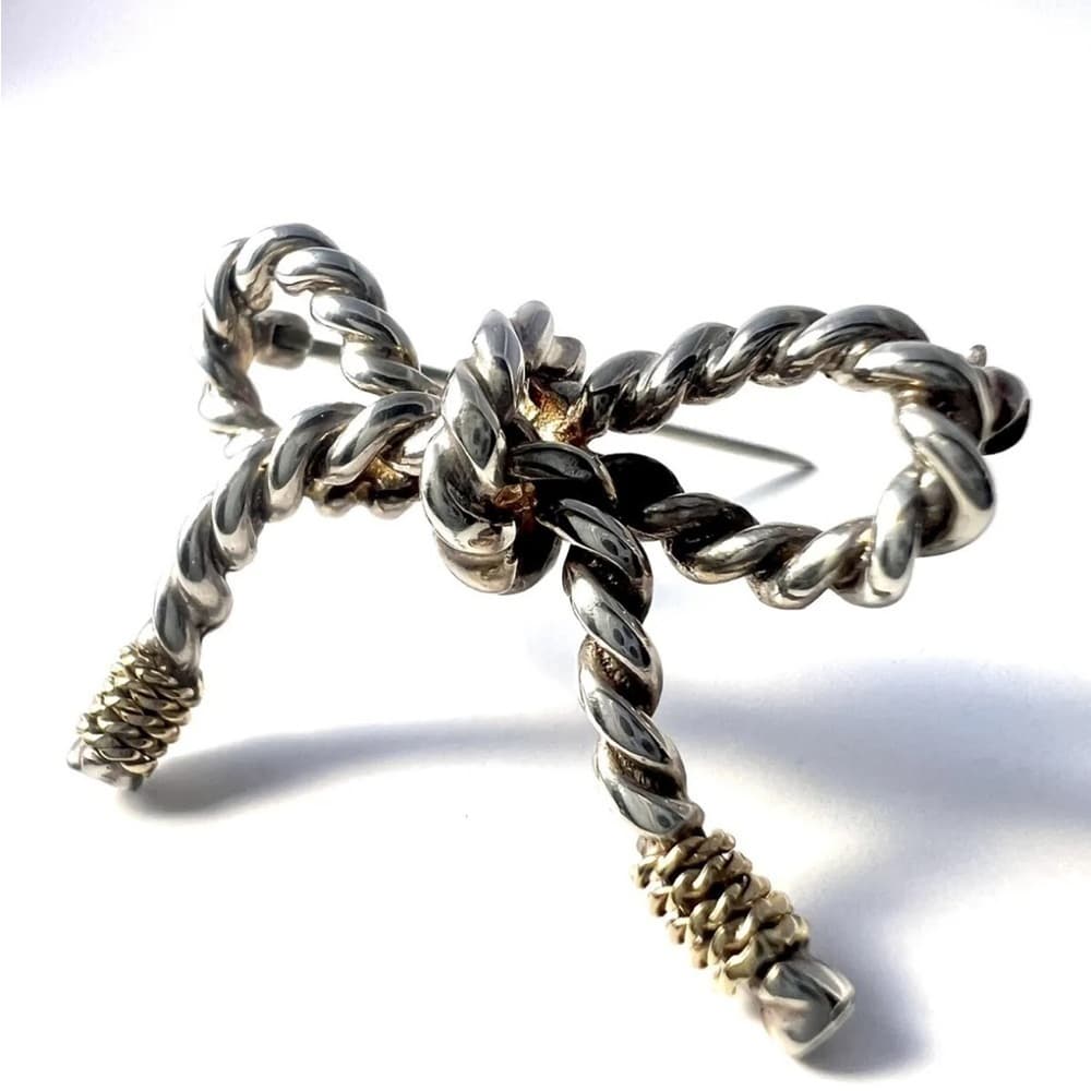 TIFFANY & CO. Sterling Silver 925 & 18K Gold Rope Ribbon Bow Brooch Pin (1772G) - Thumbnail 4