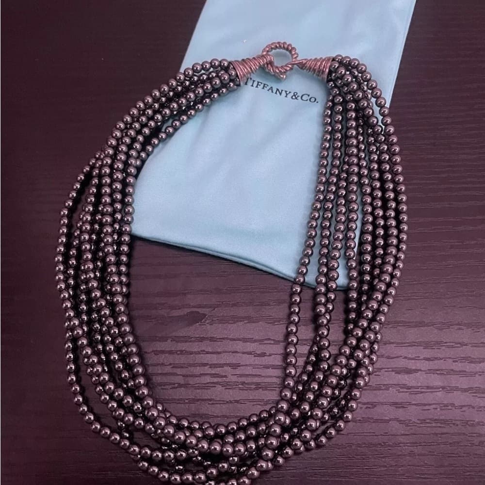 Tiffany & Co Sterling Silver 8 Strand Hematite Bead Torsade Toggle Necklace - Thumbnail 3