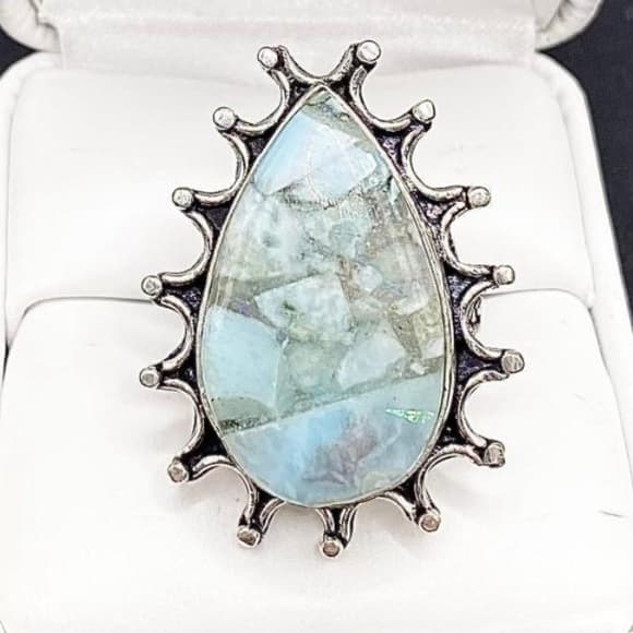 925 STAMPED BEAUTIFUL NATURAL LARIMAR & OPAL TRIPLET RING SIZE 7 - Thumbnail 2